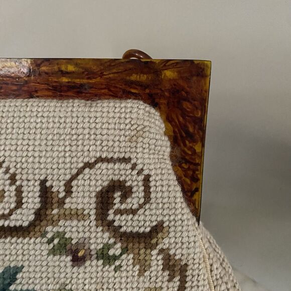 Vintage Handbag Needlepoint Floral Tortoise Handle Strap Mirror Comb Coin Purse - Picture 7 of 16